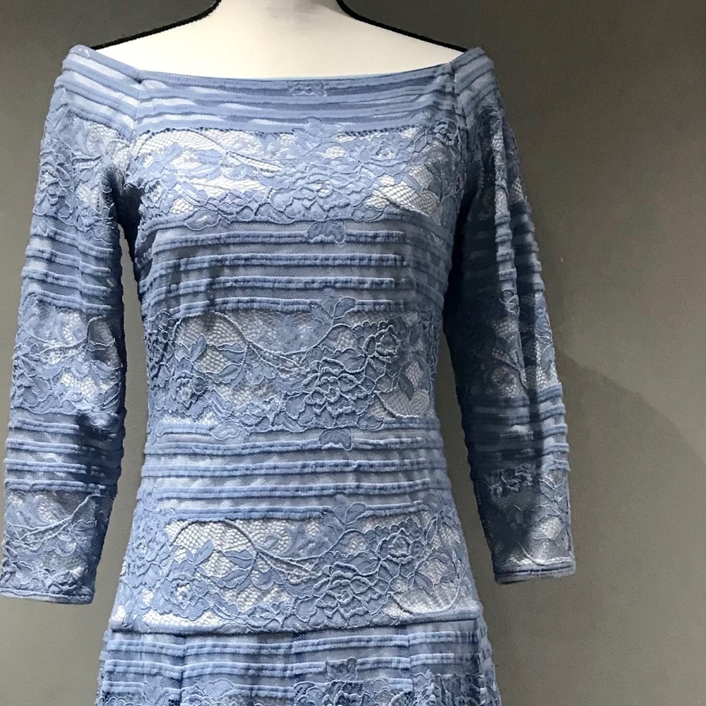 TADASHI SHOJI Womens Off Shoulder Lace Triple Lined High Low Blue Size 6 Gown